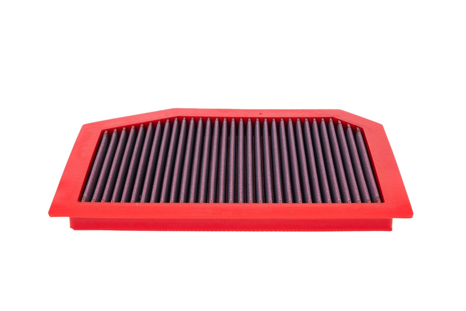 BMC FB136/04 red cotton replacement panel air filter, low three-quarter view