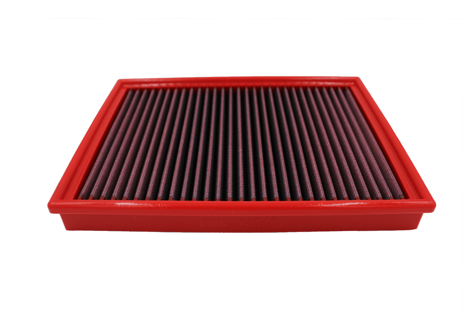 BMC FB139/01 red cotton replacement panel air filter, upright three-quarter view