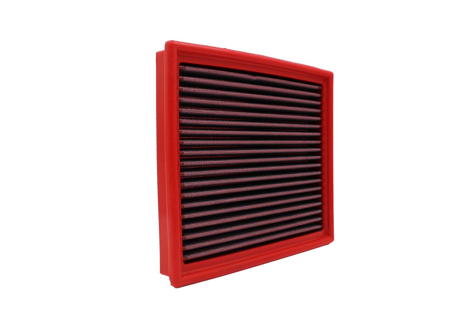 BMC FB145/01 red cotton replacement panel air filter, upright three-quarter view