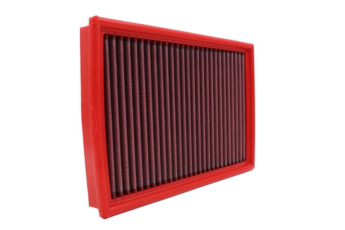 BMC FB158/01 red cotton replacement panel air filter, upright three-quarter view