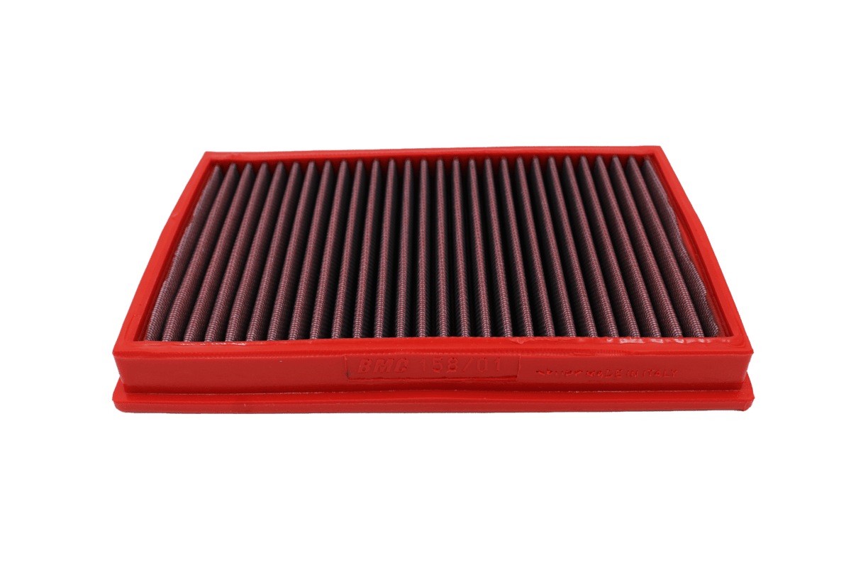 BMC FB158/01 red cotton replacement panel air filter, low three-quarter view
