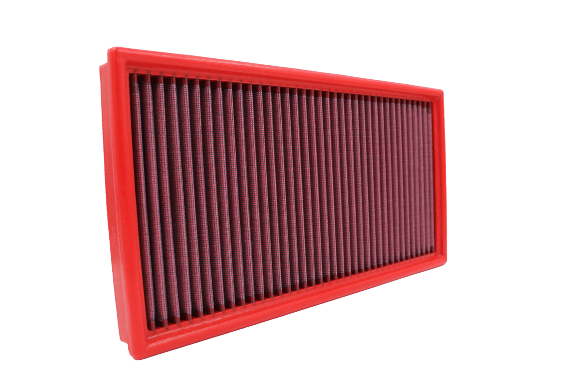 BMC FB159/01 red cotton replacement panel air filter, upright three-quarter view