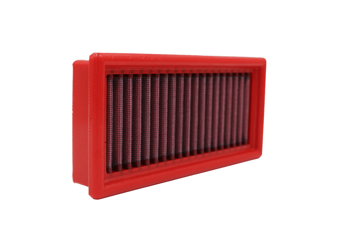 BMC FB167/01 red cotton replacement panel air filter, upright three-quarter view