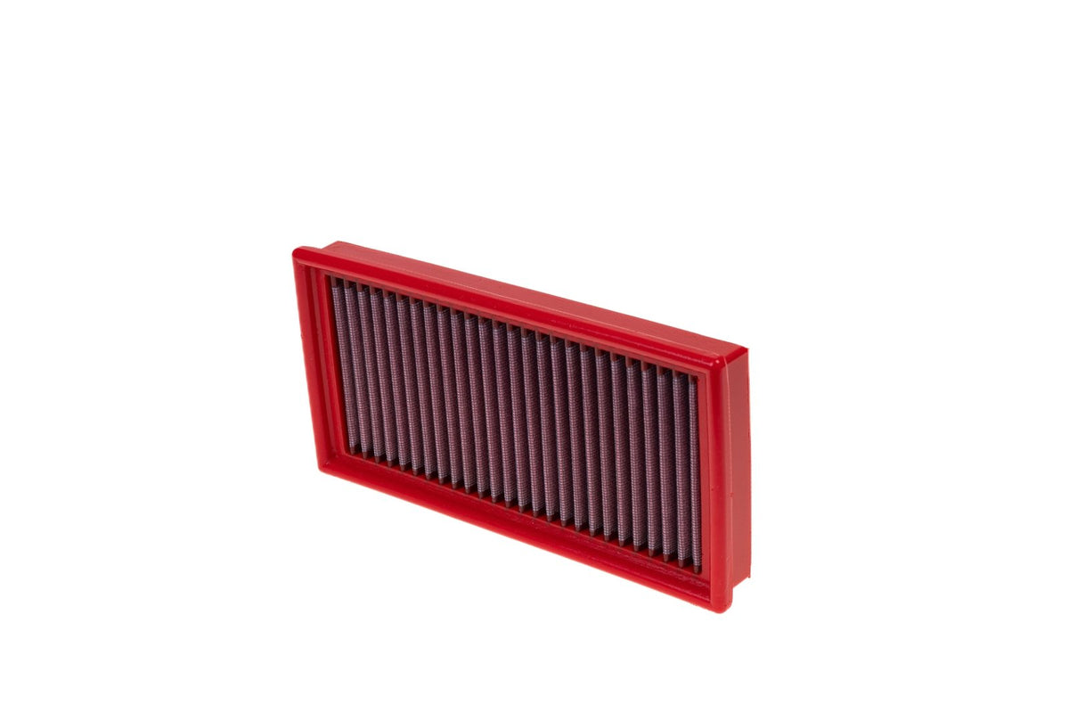 BMC FB170/01 red cotton replacement panel air filter, upright three-quarter view