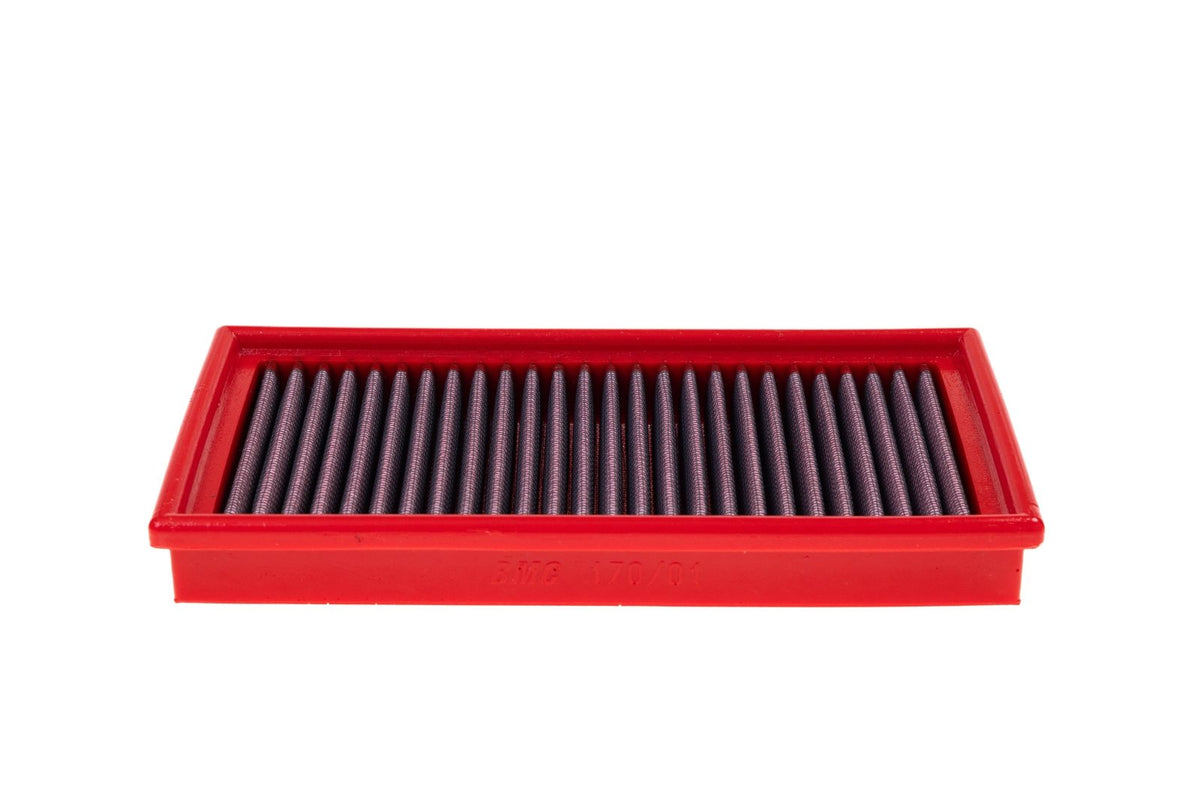 BMC FB170/01 red cotton replacement panel air filter, low three-quarter view