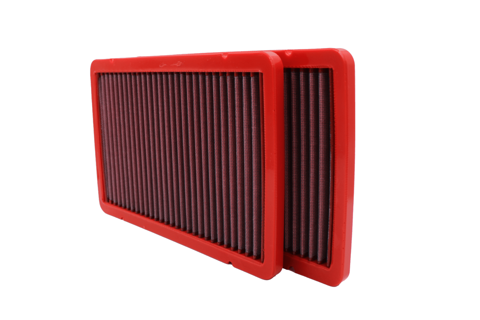 BMC FB208/03 red cotton replacement panel air filter, two-filter upright overlapping view