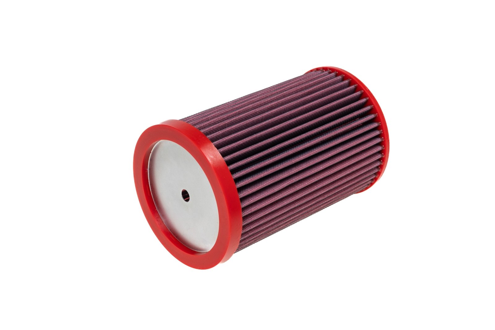 BMC FB232/07 red cotton replacement cylindrical air filter, closed-end three-quarter view