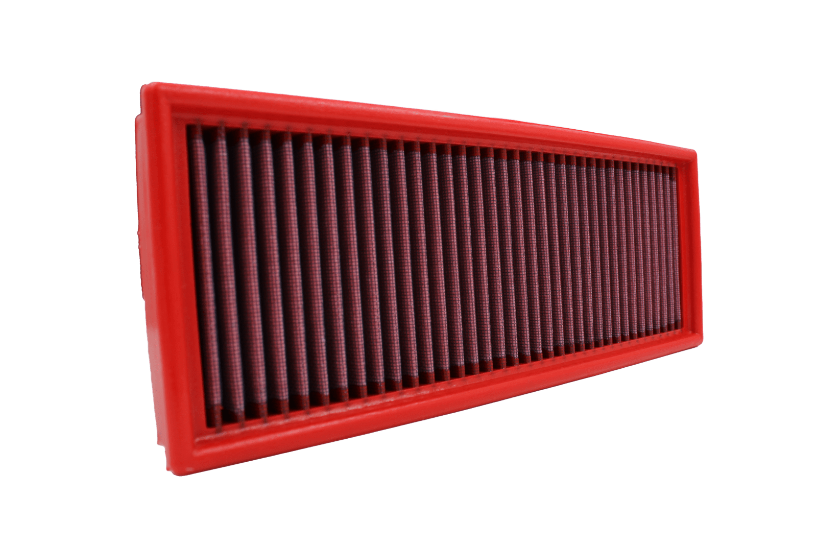 BMC FB262/01 red cotton replacement panel air filter, upright three-quarter view