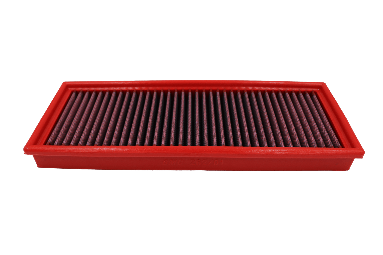 BMC FB262/01 red cotton replacement panel air filter, low three-quarter view