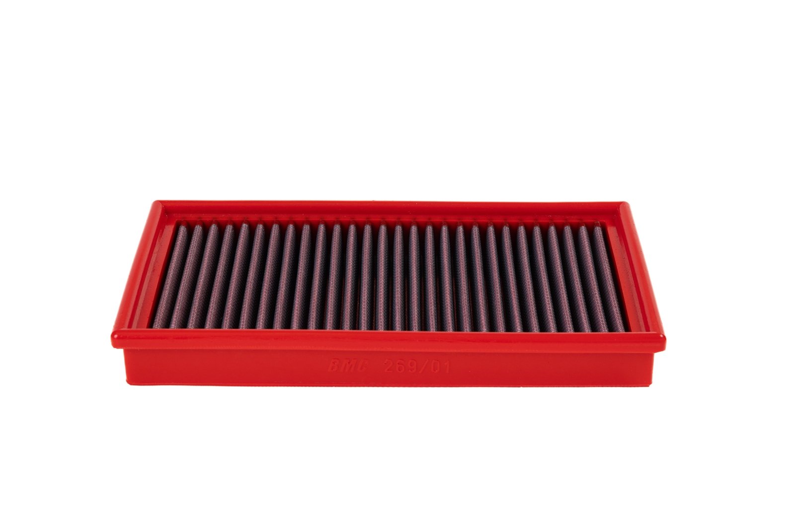 BMC FB269/01 red cotton replacement panel air filter, low three-quarter view