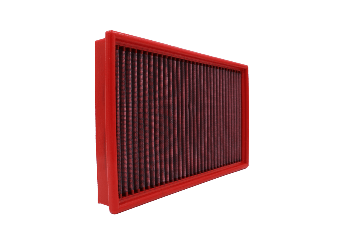 BMC FB271/01 red cotton replacement panel air filter, upright three-quarter view