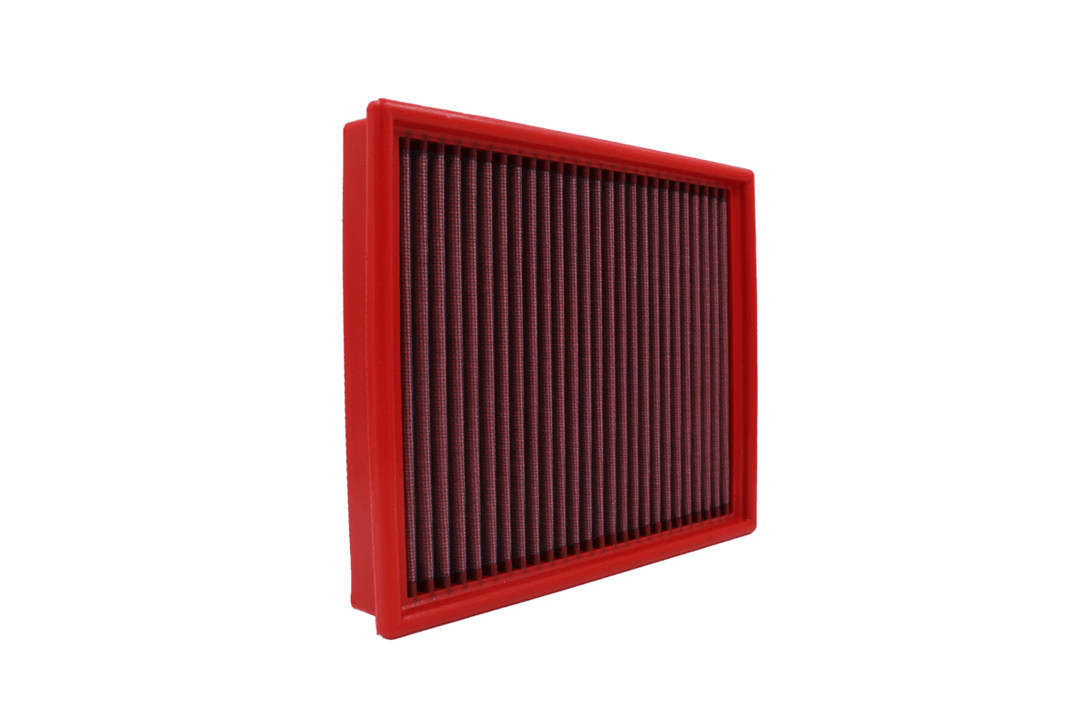 BMC FB279/01 red cotton replacement panel air filter, low three-quarter view