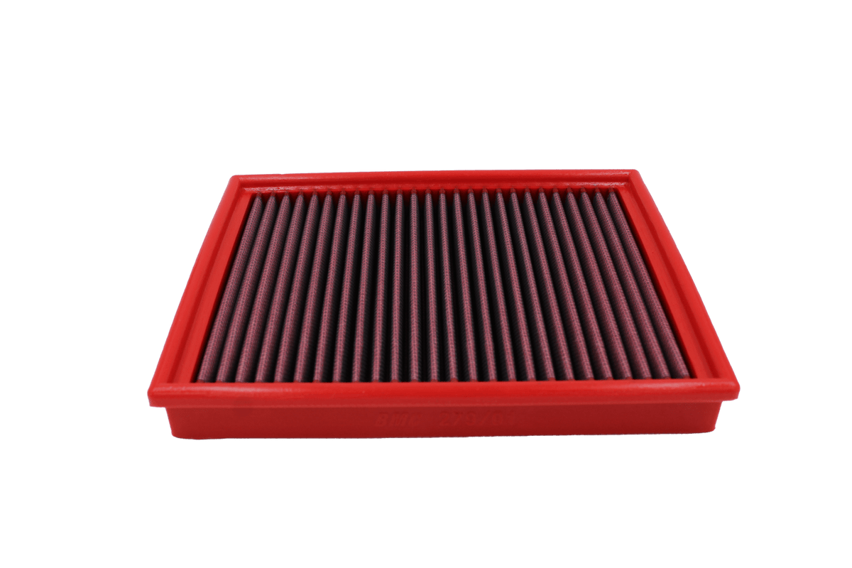 BMC FB279/01 red cotton replacement panel air filter, low front three-quarter view
