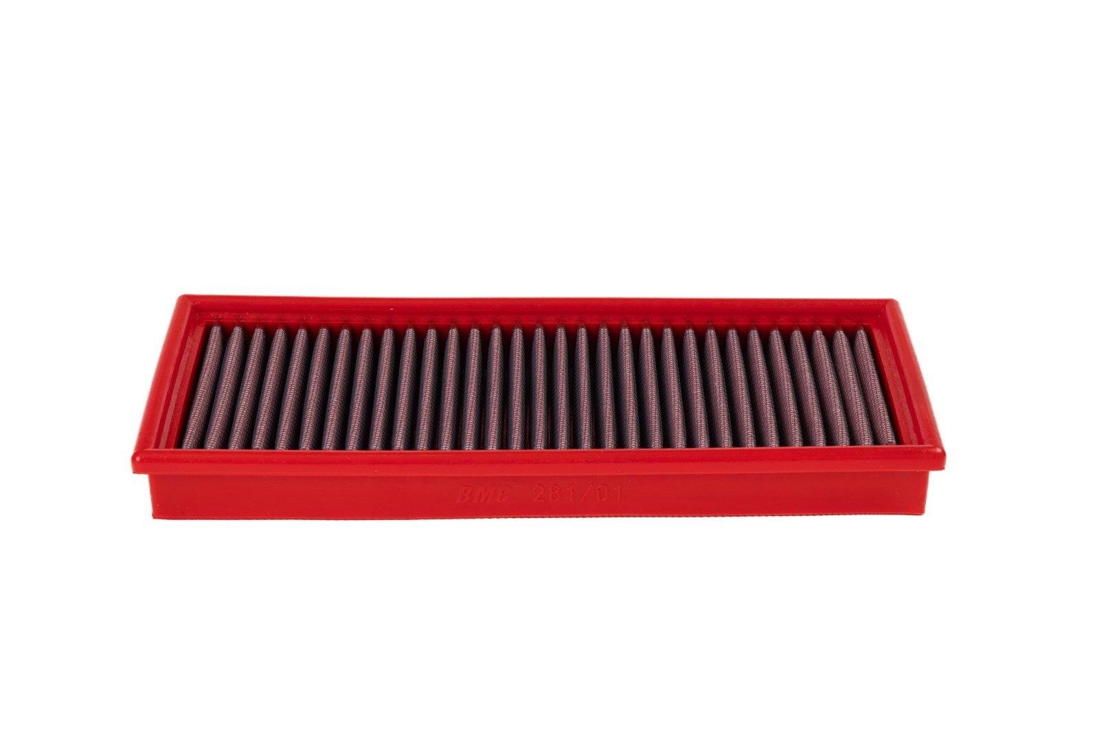 BMC FB281/01 red cotton replacement panel air filter, upright three-quarter view