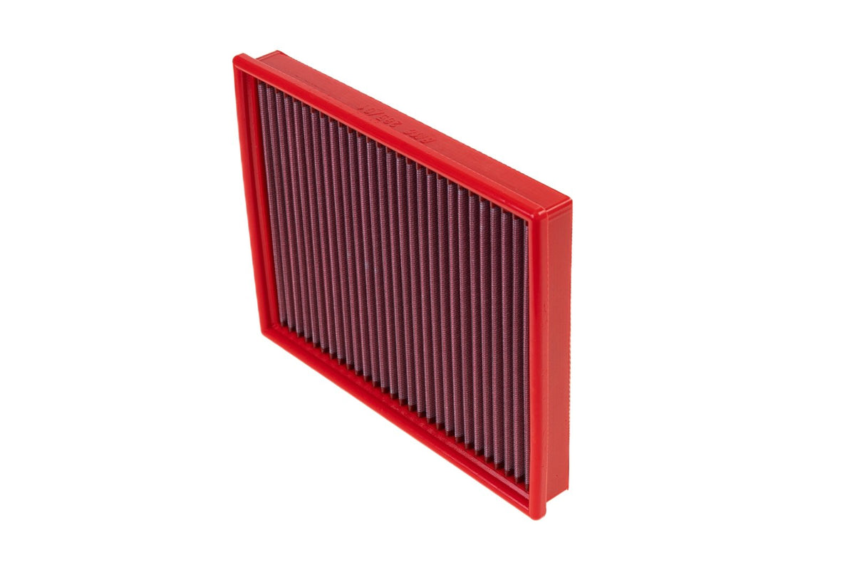 BMC FB285/01 red cotton replacement panel air filter, upright three-quarter view