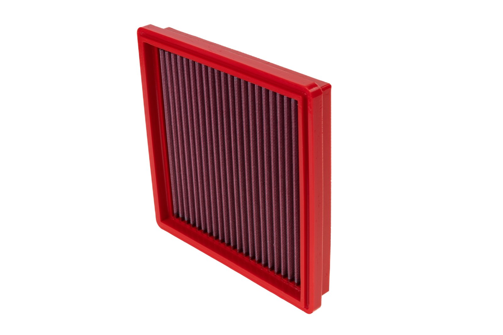 BMC FB286/08 red cotton replacement panel air filter, upright edge-angle view