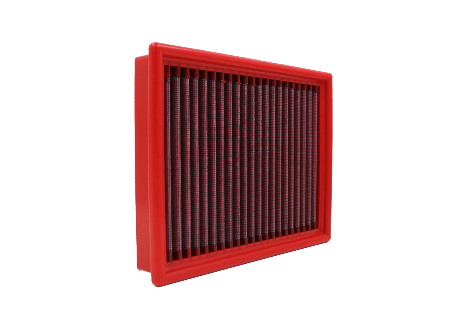 BMC FB297/01 red cotton replacement panel air filter, upright three-quarter view