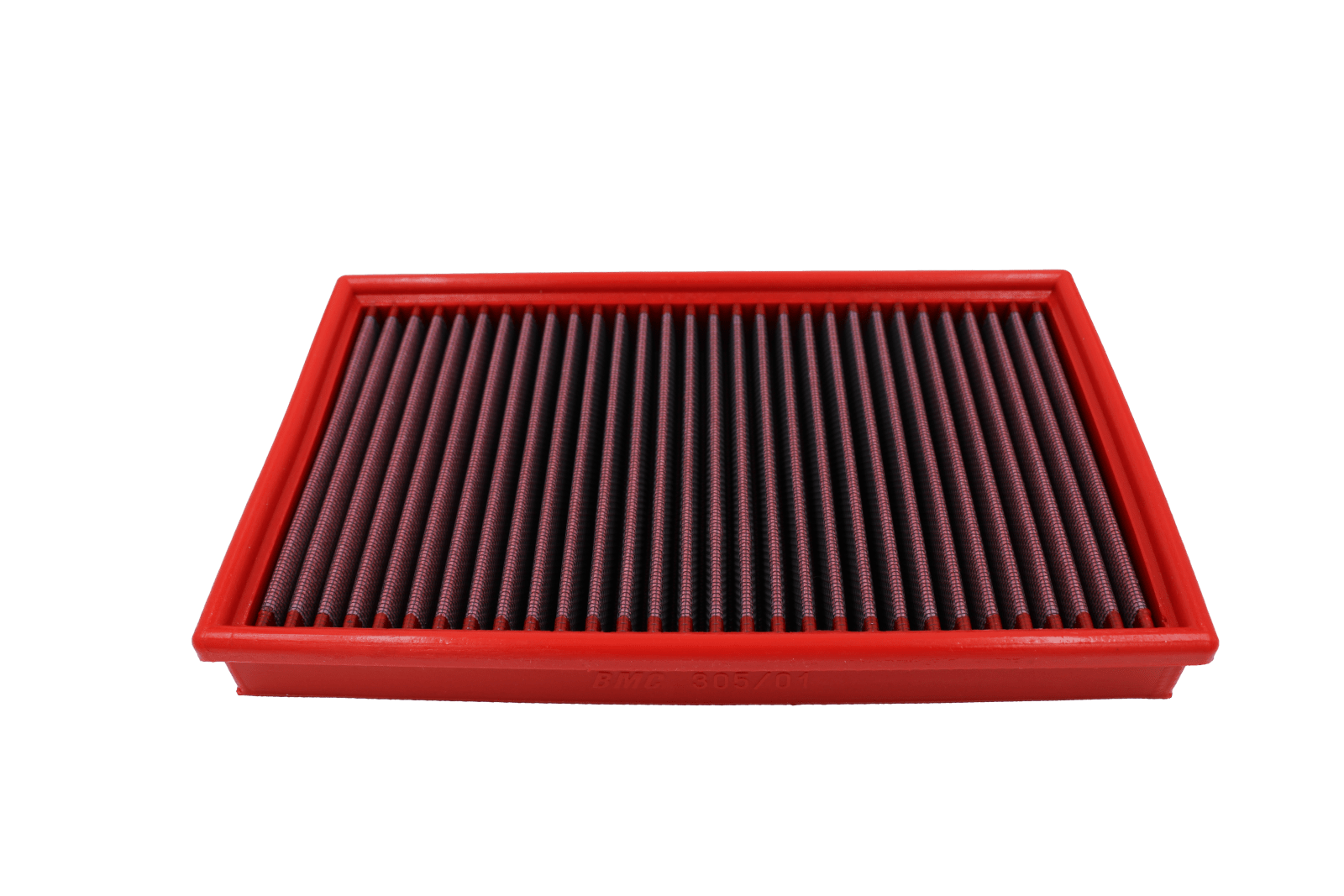 BMC FB305/01 red cotton replacement panel air filter, low three-quarter view