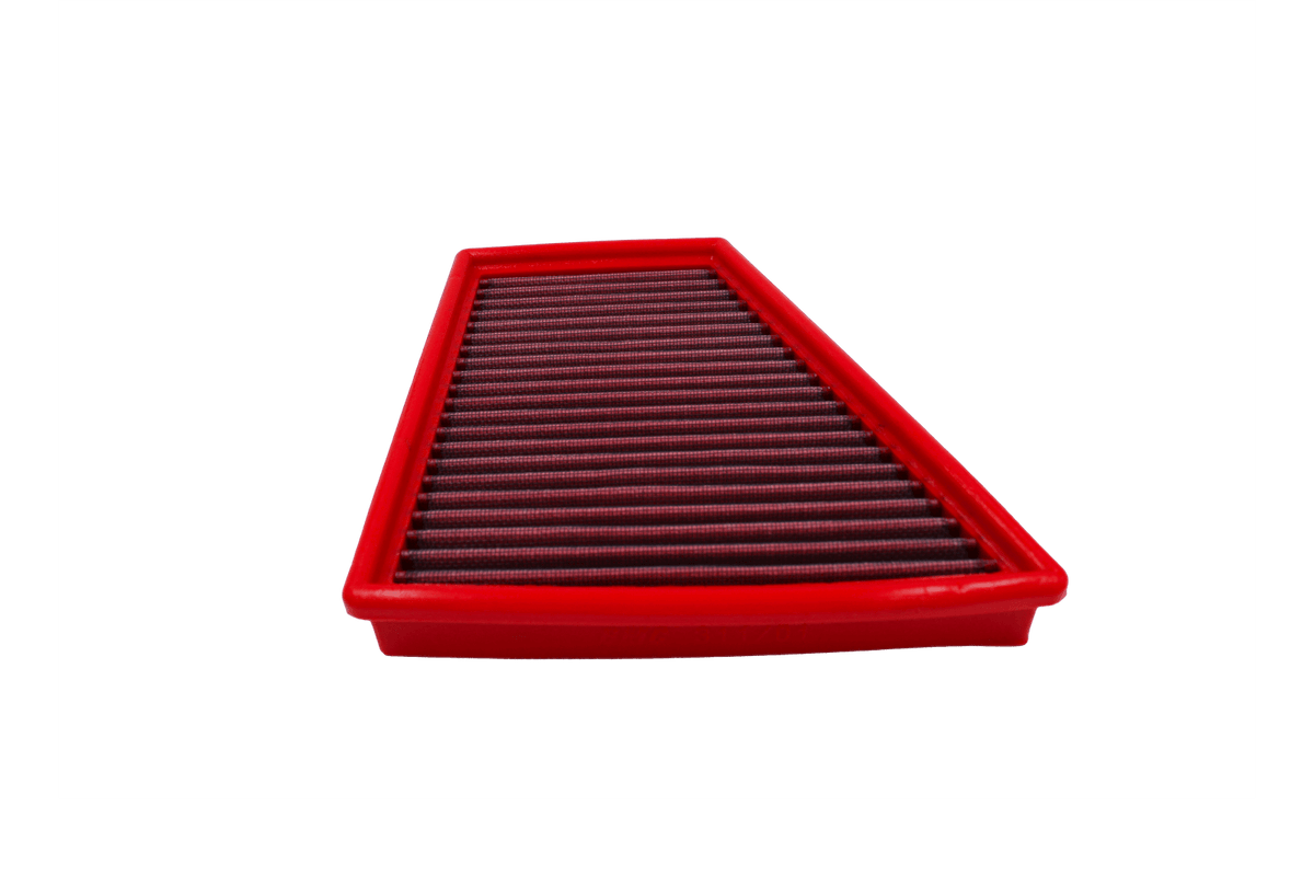 BMC FB311/01 red cotton replacement panel air filter, low three-quarter view