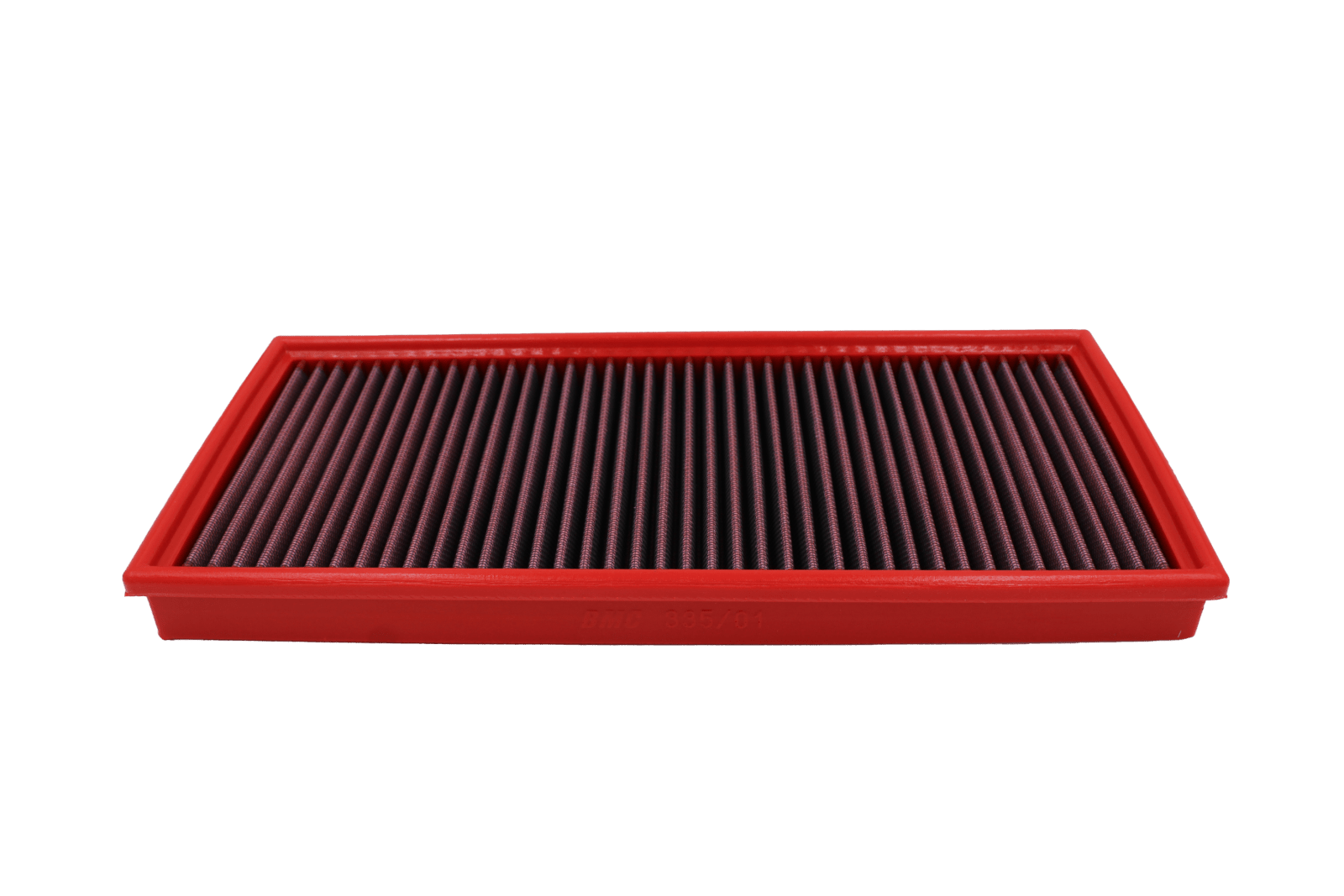 BMC FB335/01 red cotton replacement panel air filter, low three-quarter view