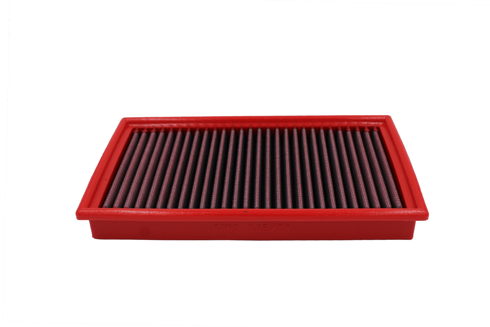 BMC FB345/01 red cotton replacement panel air filter, low three-quarter view