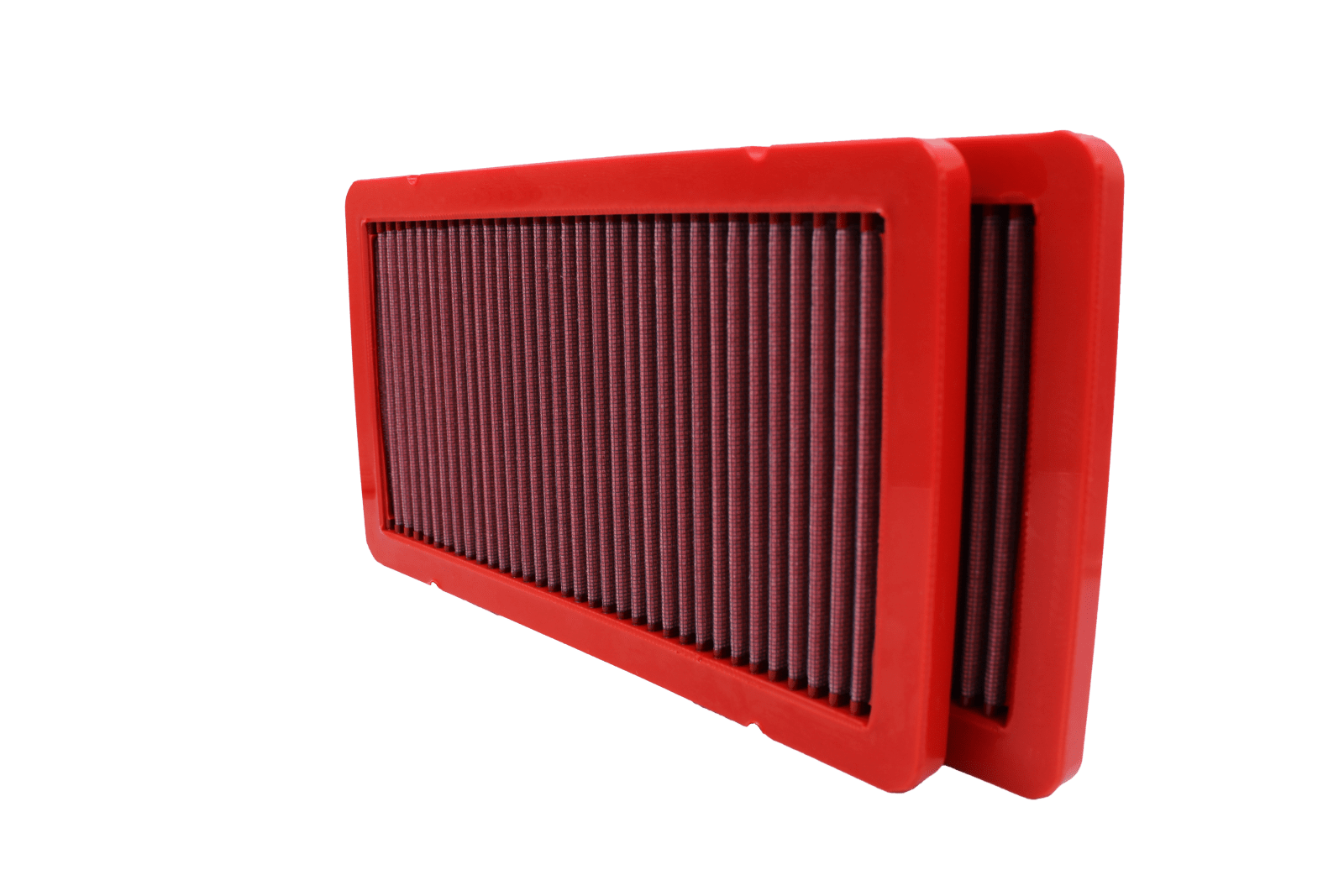 BMC FB347/03 red cotton replacement panel air filter, two-filter upright overlapping view