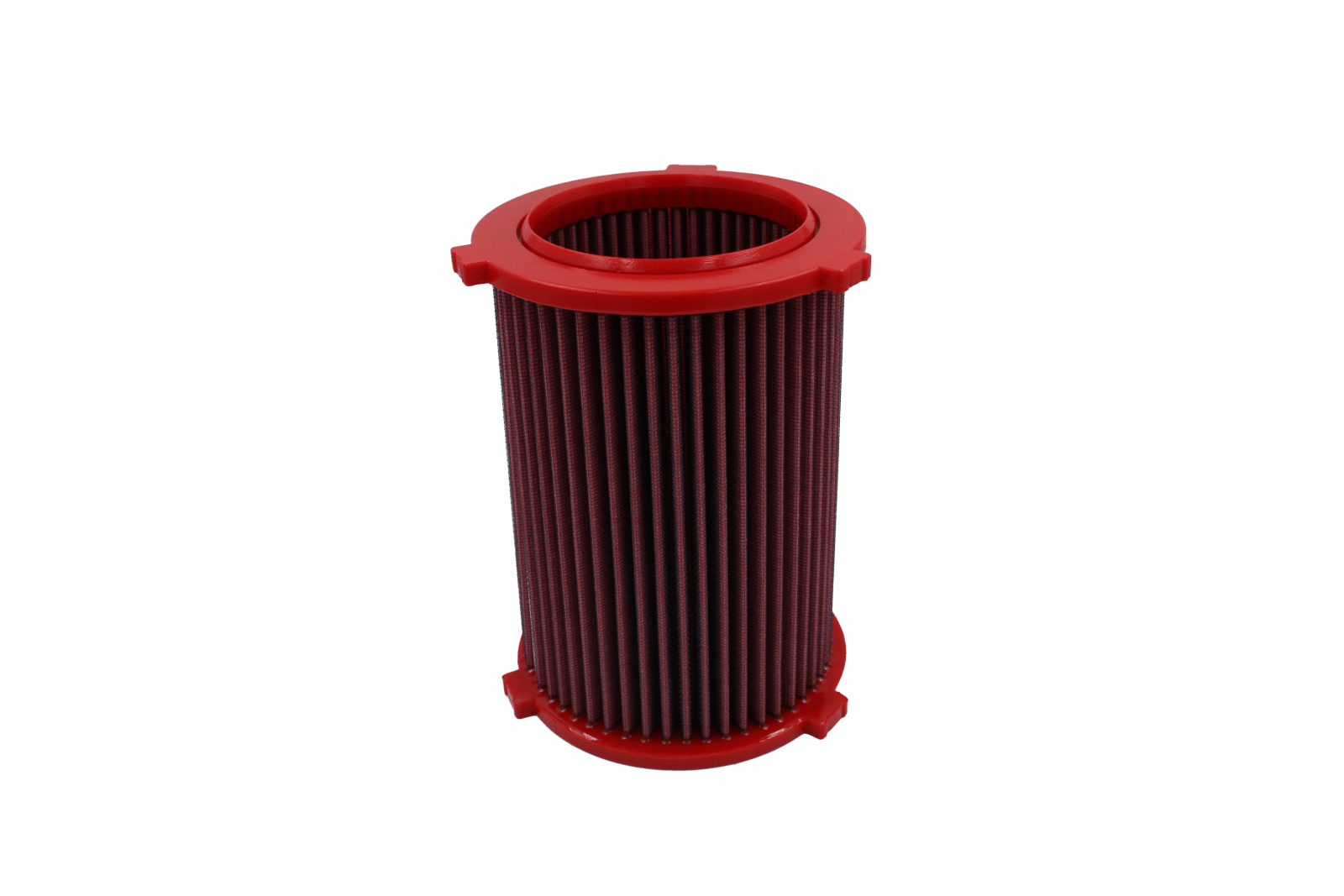 BMC FB349/12 red cotton replacement cylindrical air filter, upright side view