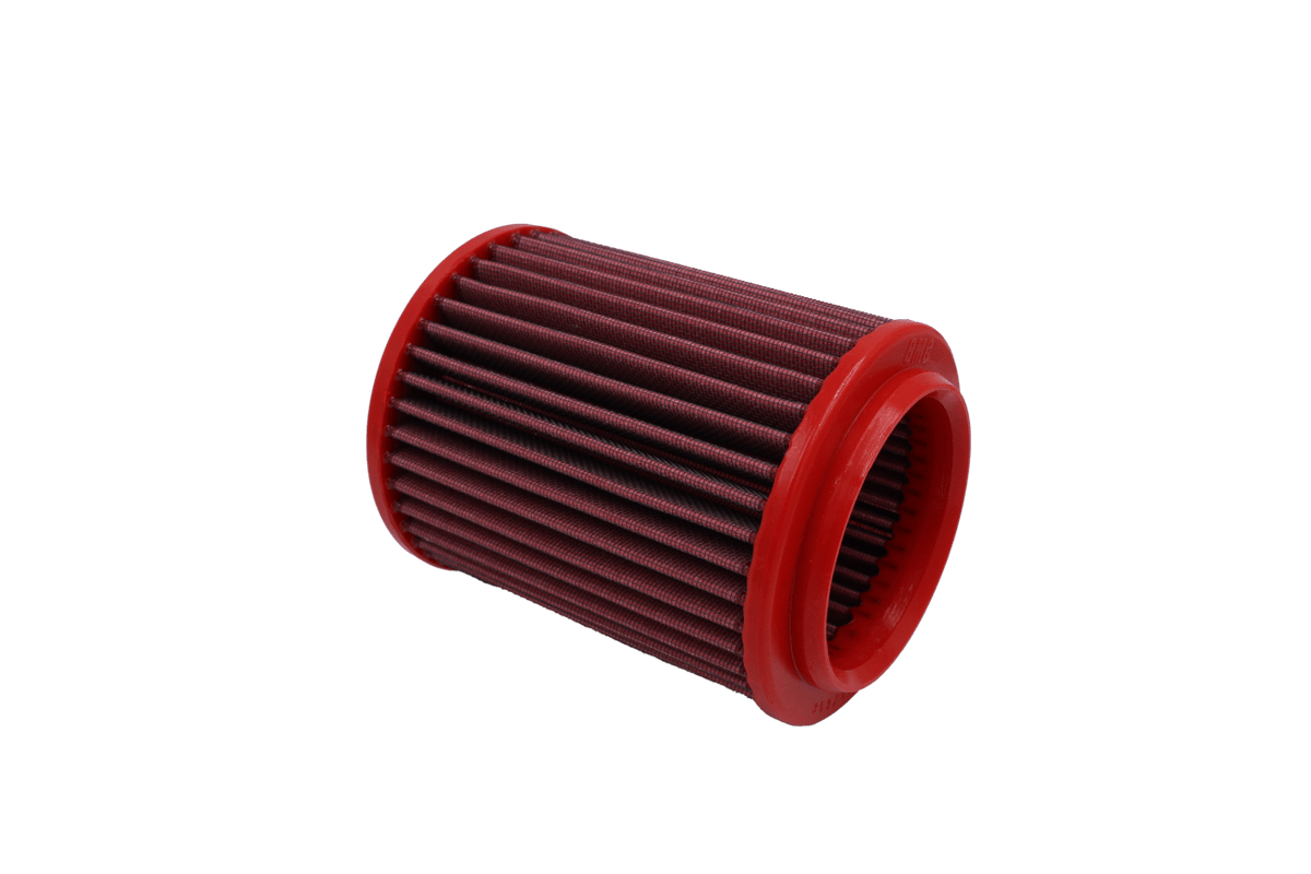 BMC FB353/06 red cotton replacement cylindrical air filter, inlet-end three-quarter view