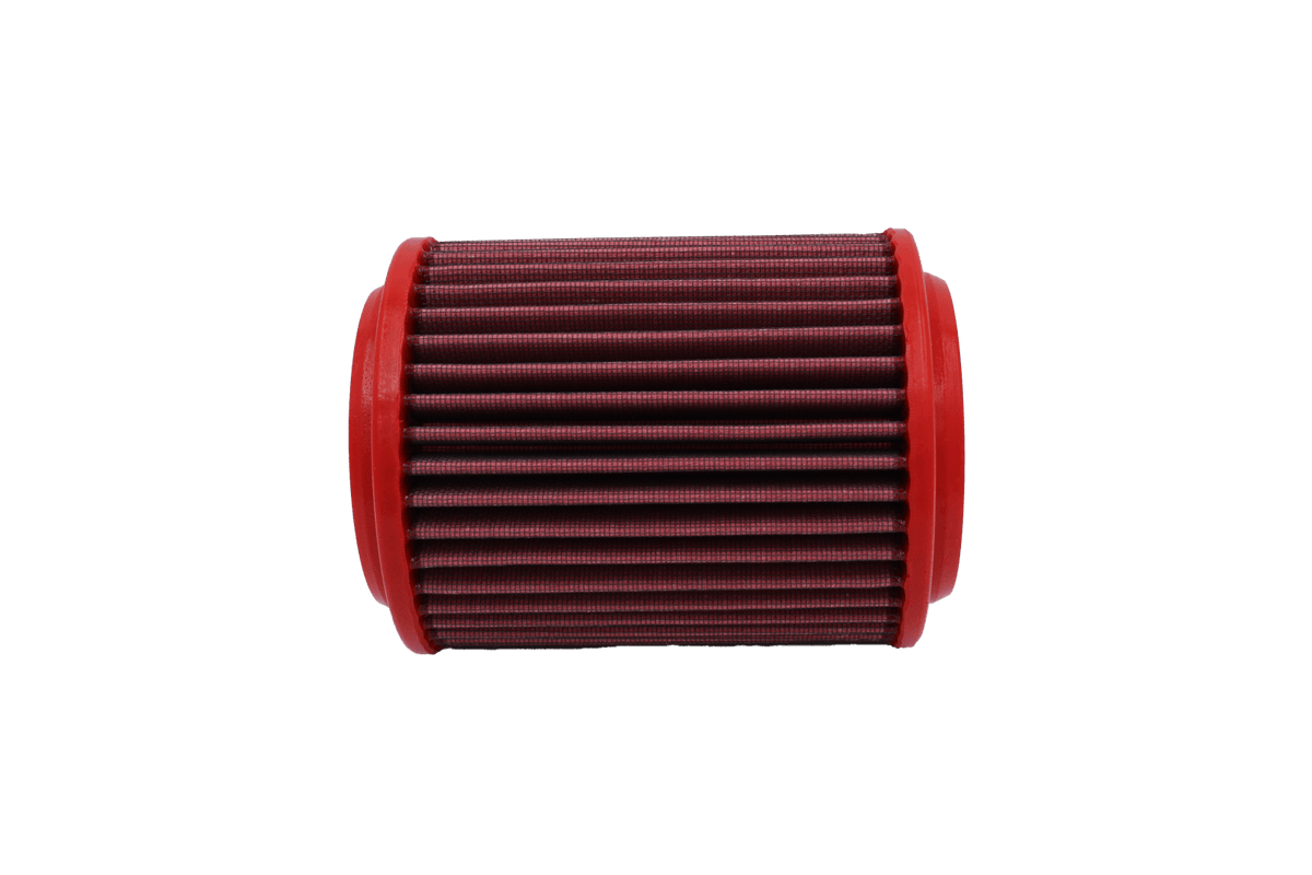 BMC FB353/06 red cotton replacement cylindrical air filter, side-profile view