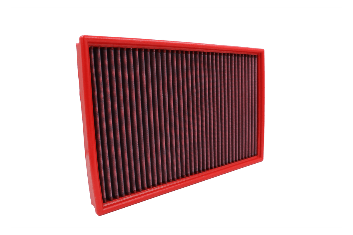 BMC FB382/01 red cotton replacement panel air filter, upright three-quarter view