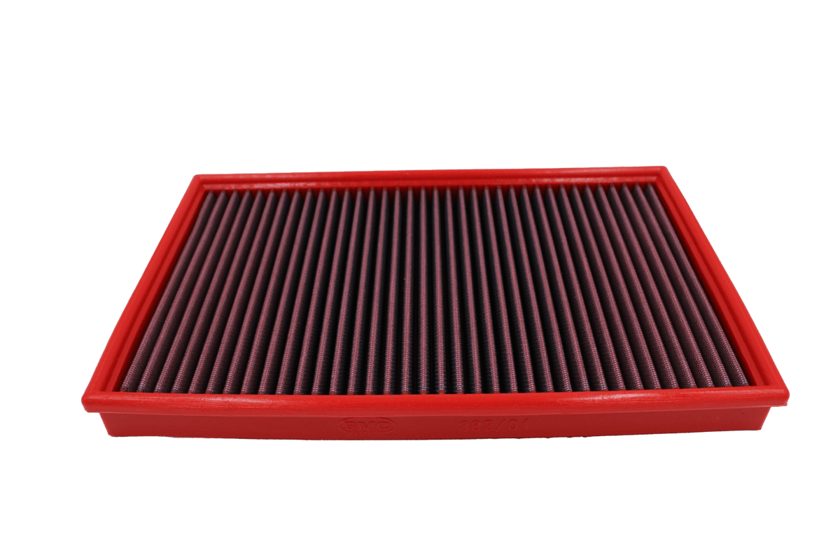 BMC FB382/01 red cotton replacement panel air filter, low three-quarter view