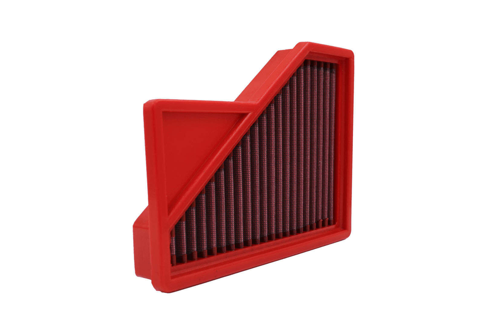 BMC FB404/20 red cotton replacement panel air filter, shaped upright three-quarter view
