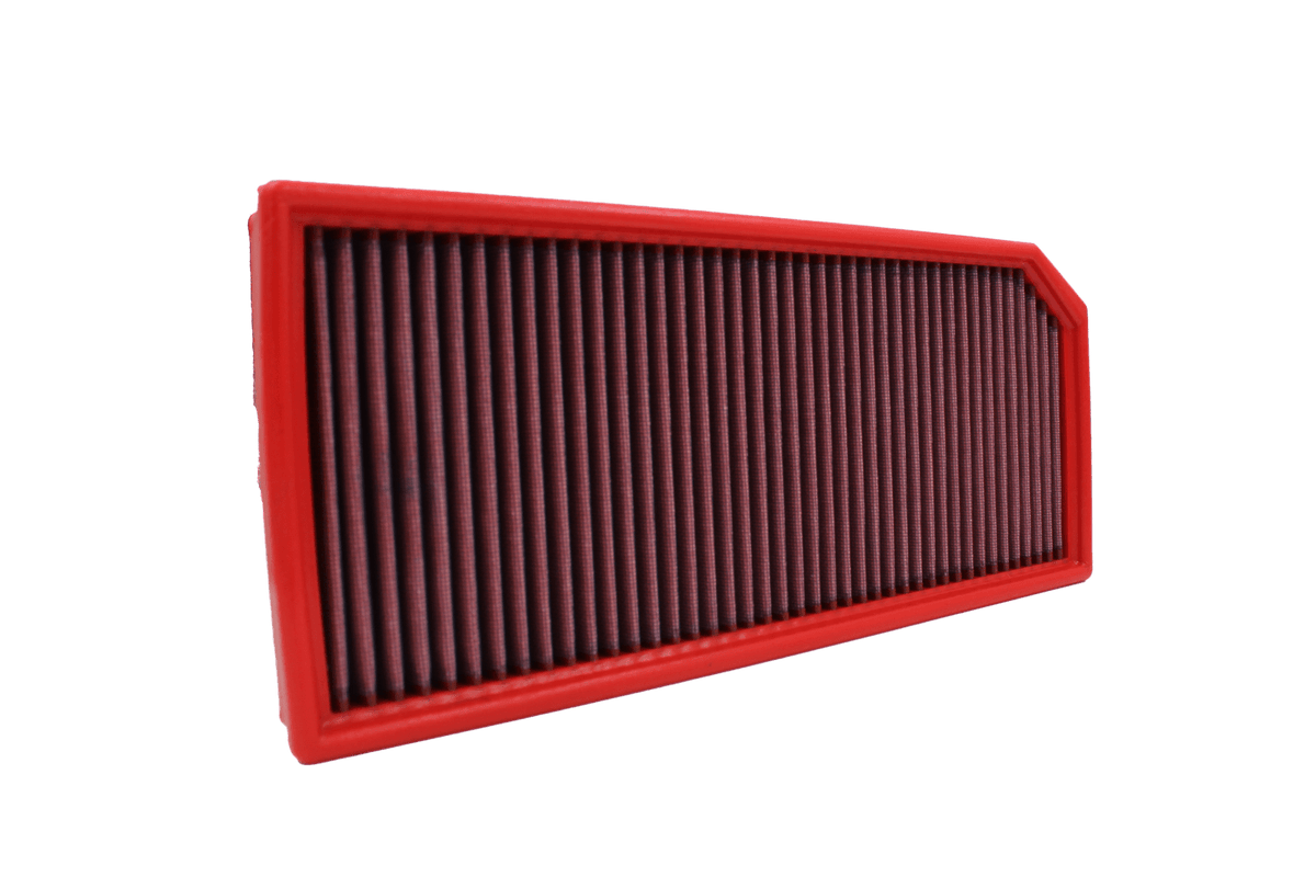 BMC FB409/01 red cotton replacement panel air filter, upright three-quarter view
