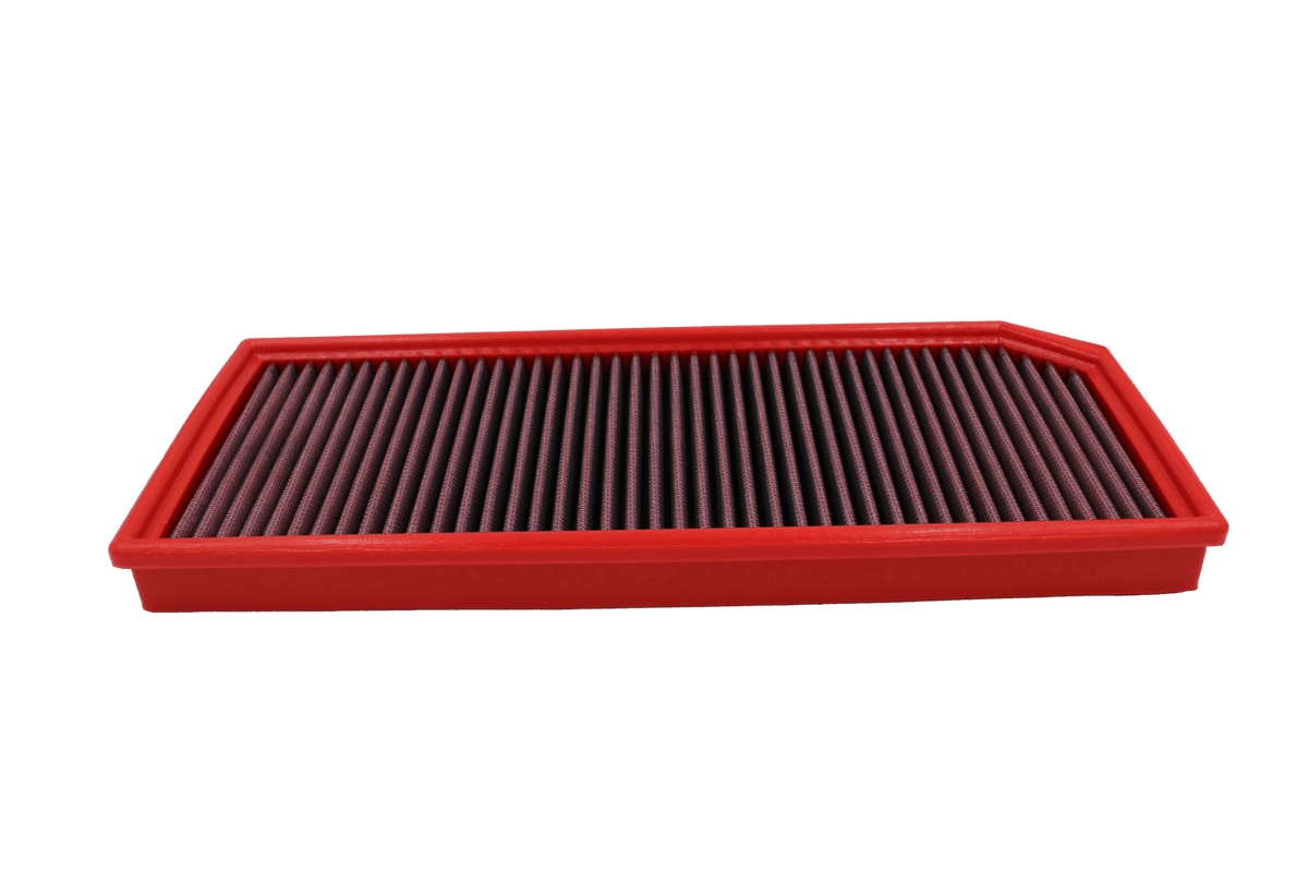 BMC FB409/01 red cotton replacement panel air filter, low three-quarter view