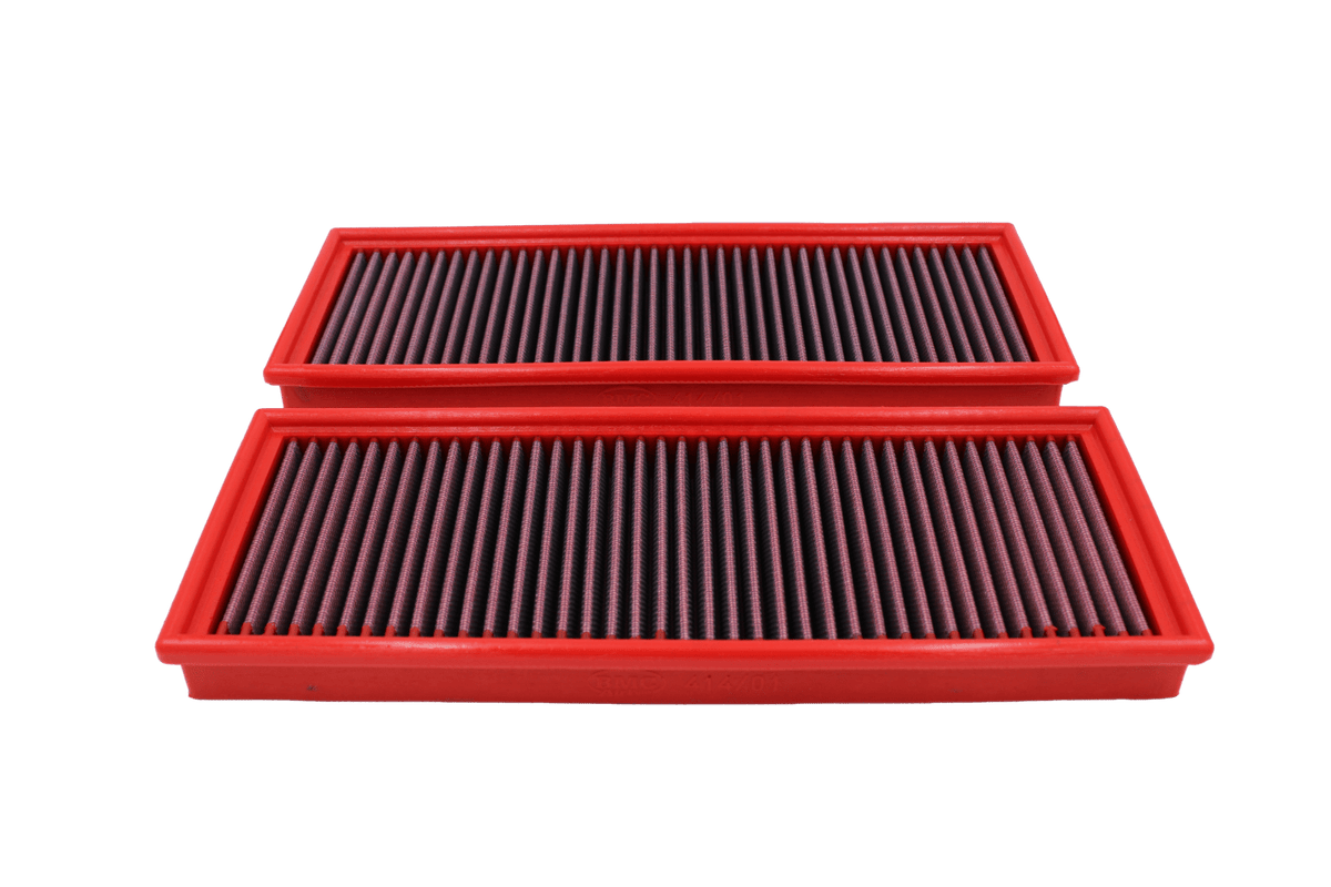 BMC FB414/01 red cotton replacement panel air filter, two-filter stacked low three-quarter view