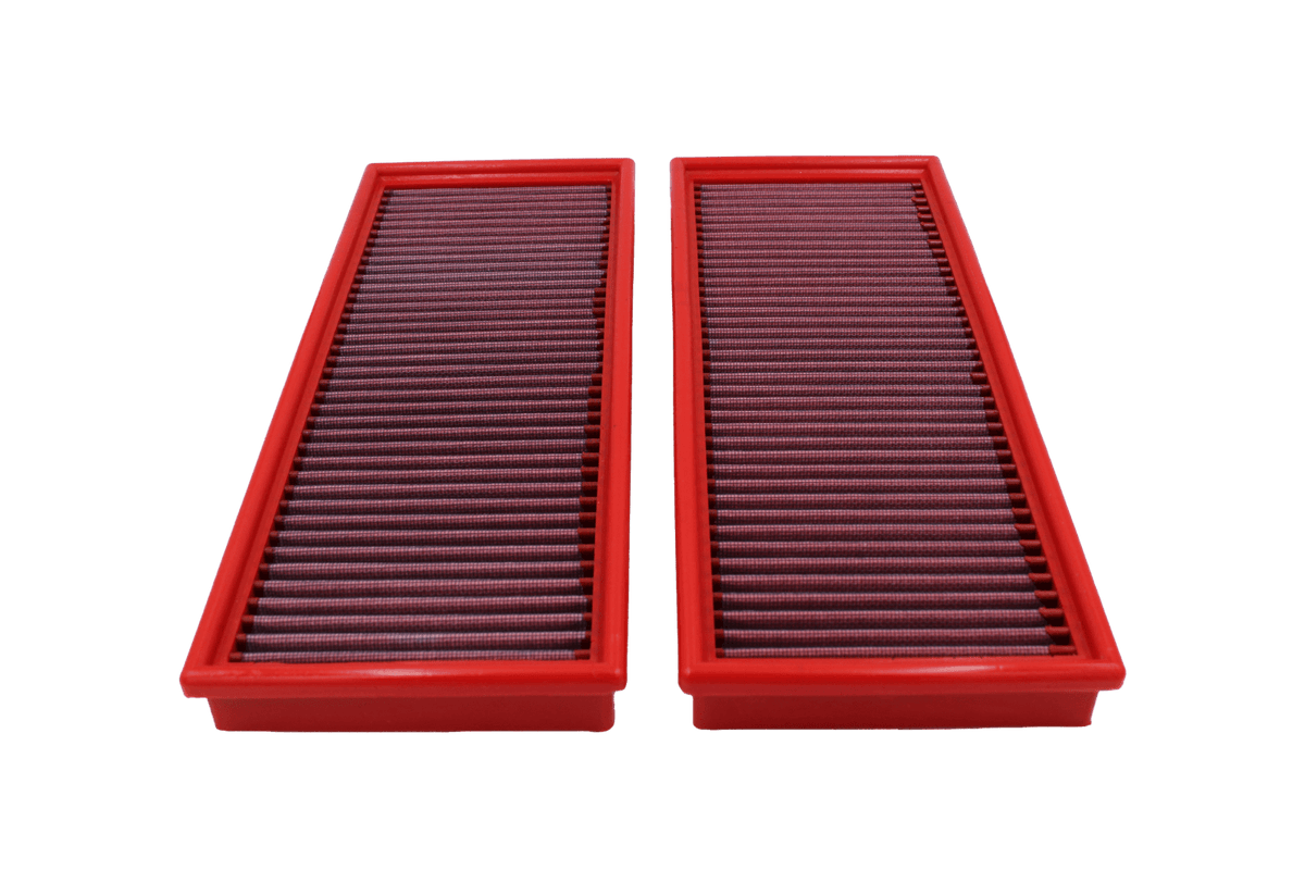 BMC FB414/01 red cotton replacement panel air filter, two-filter face-on view