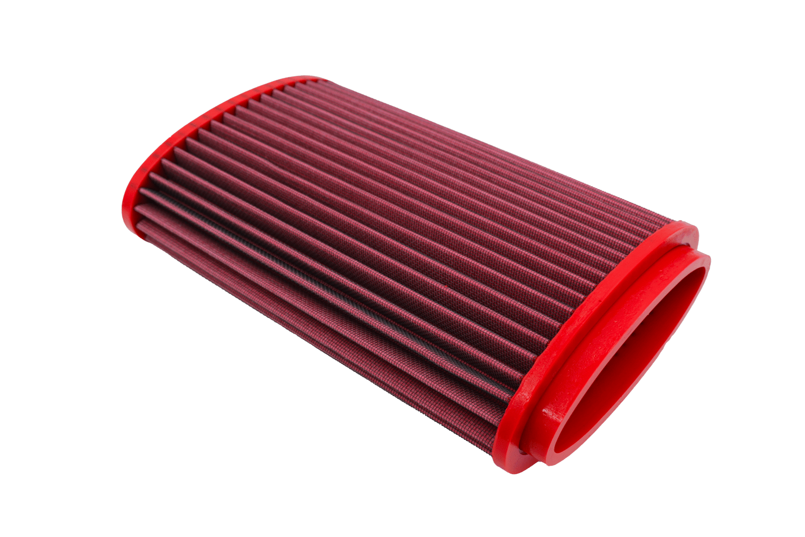 BMC FB416/16 red cotton replacement air filter assembly, rounded assembly side three-quarter view