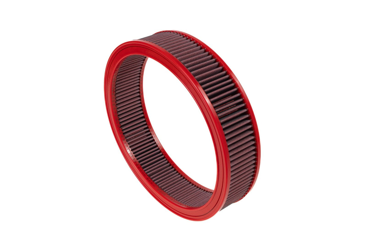 BMC FB417/06 red cotton replacement air filter assembly, ring filter upright three-quarter view