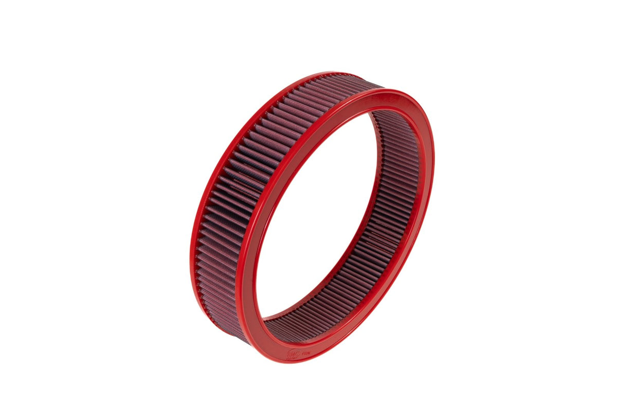 BMC FB417/06 red cotton replacement air filter assembly, ring filter angled edge view