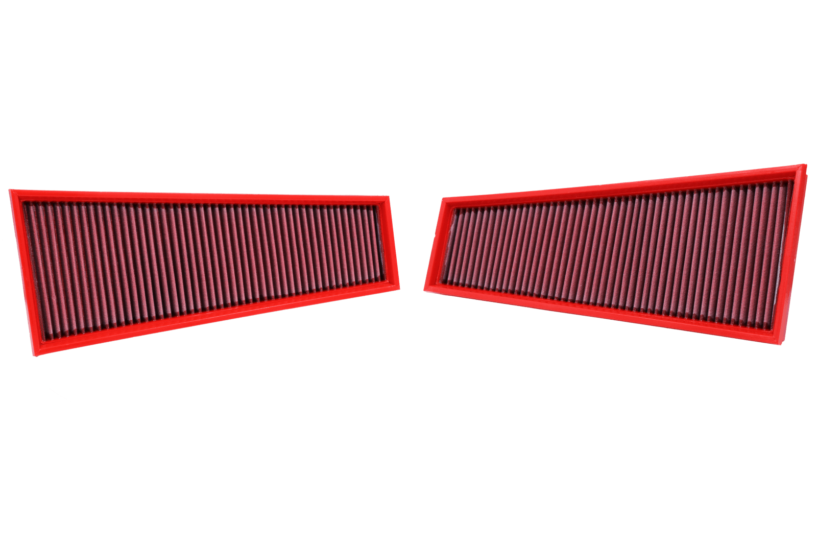 BMC FB420/01 red cotton replacement panel air filter, two-filter edge-profile view