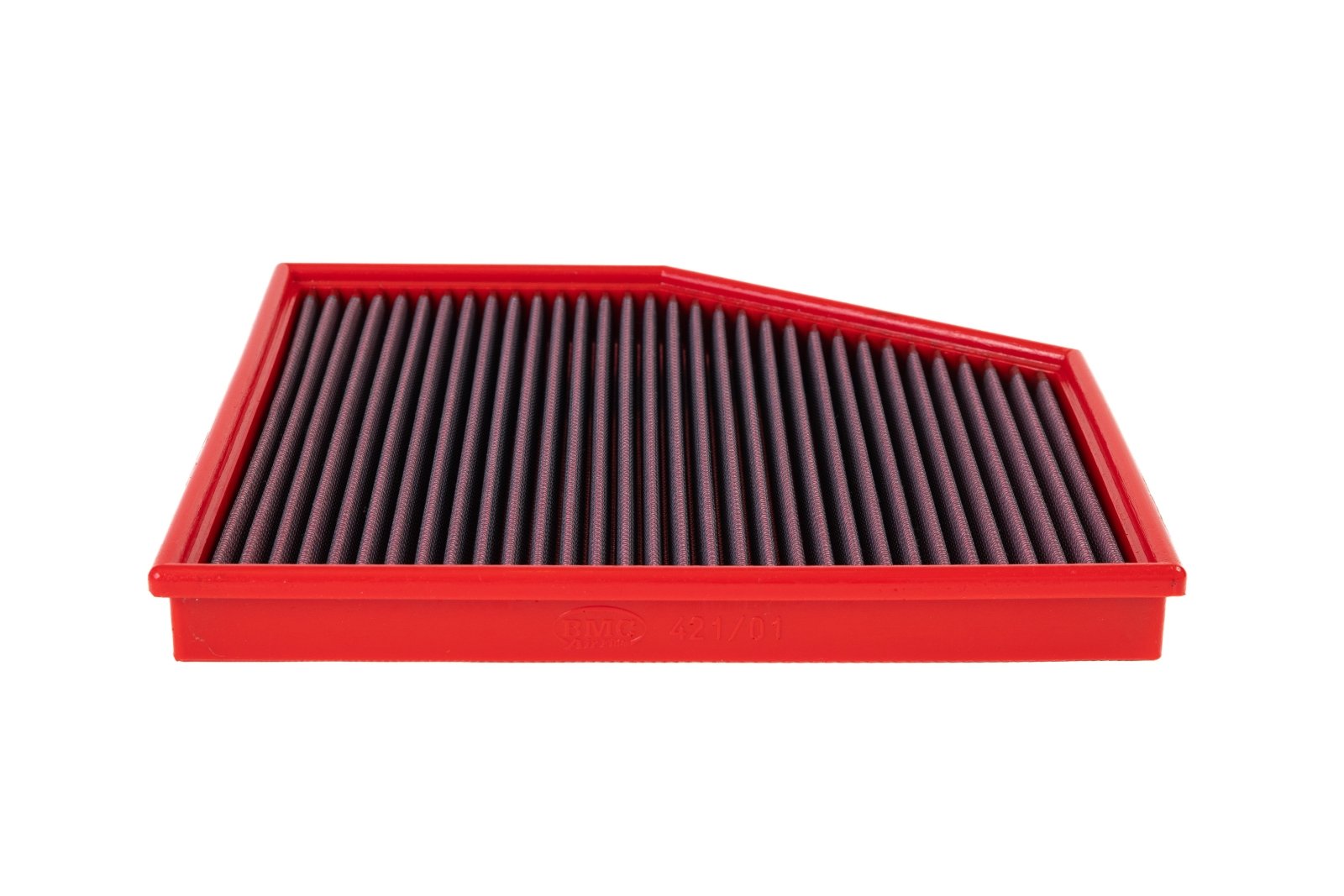 BMC FB421/01 red cotton replacement panel air filter, low three-quarter view