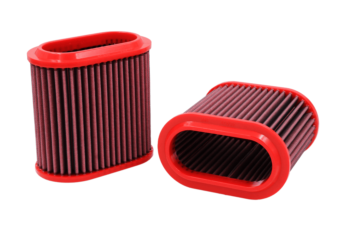 BMC FB422/08 red cotton replacement air filter assembly, two-filter assembly three-quarter view