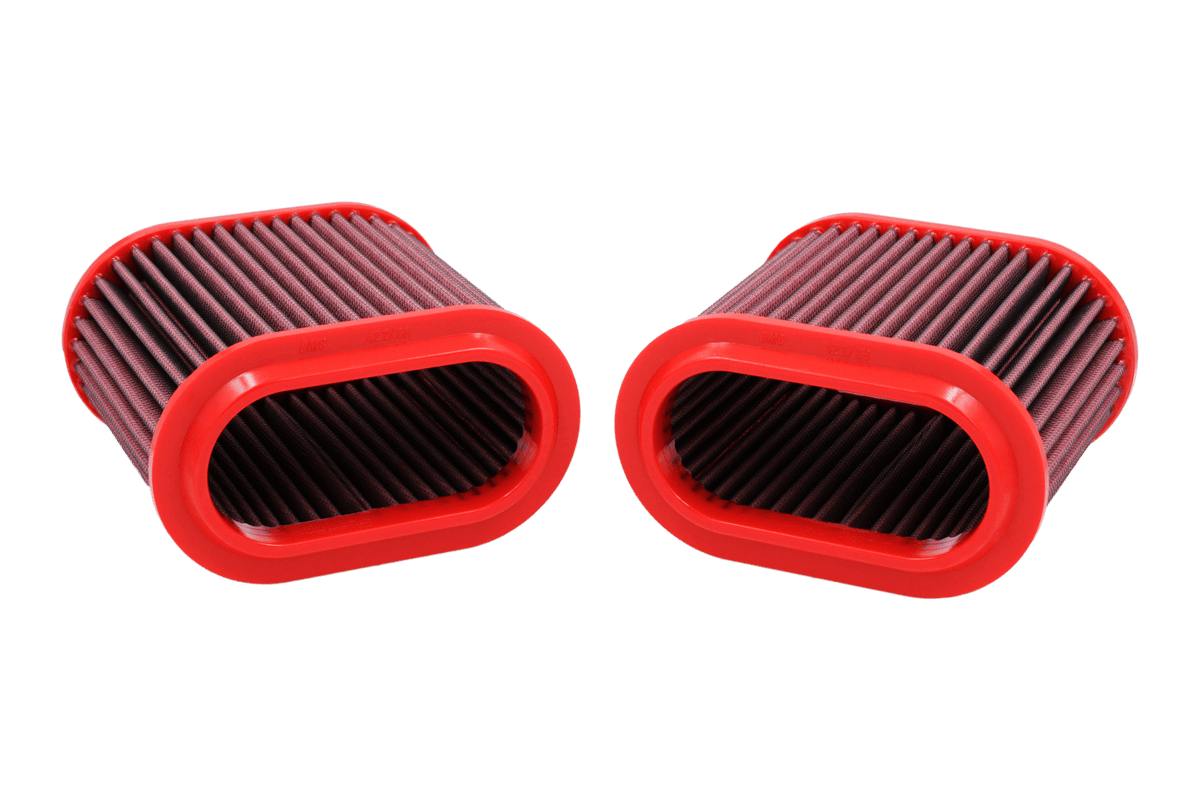 BMC FB422/08 red cotton replacement air filter assembly, two-filter inlet-end view