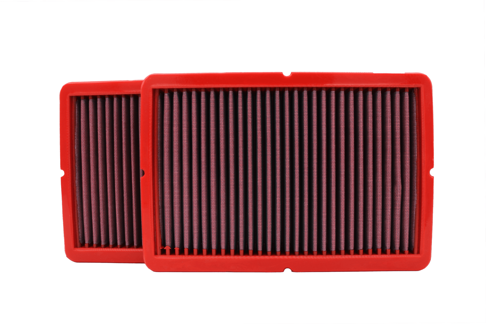 BMC FB443/03 red cotton replacement panel air filter, two-filter overlapping face view