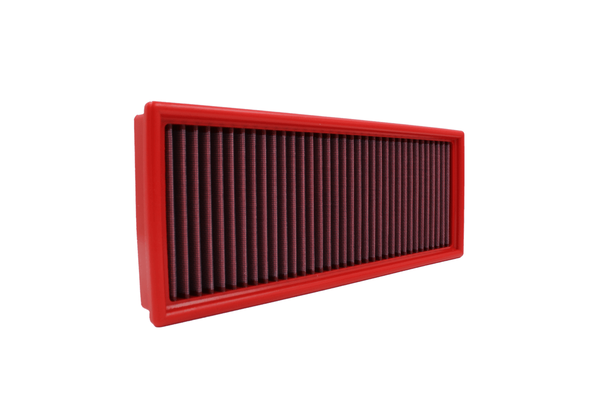 BMC FB444/01 red cotton replacement panel air filter, upright three-quarter view