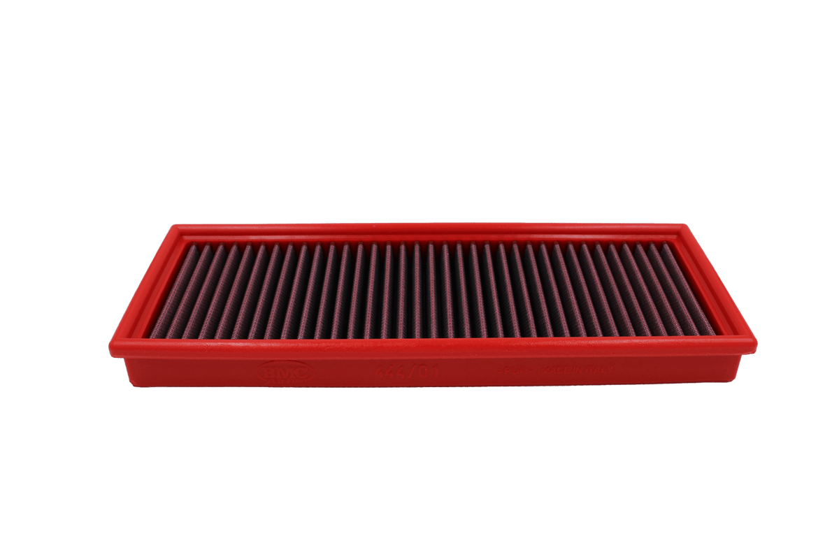 BMC FB444/01 red cotton replacement panel air filter, low three-quarter view