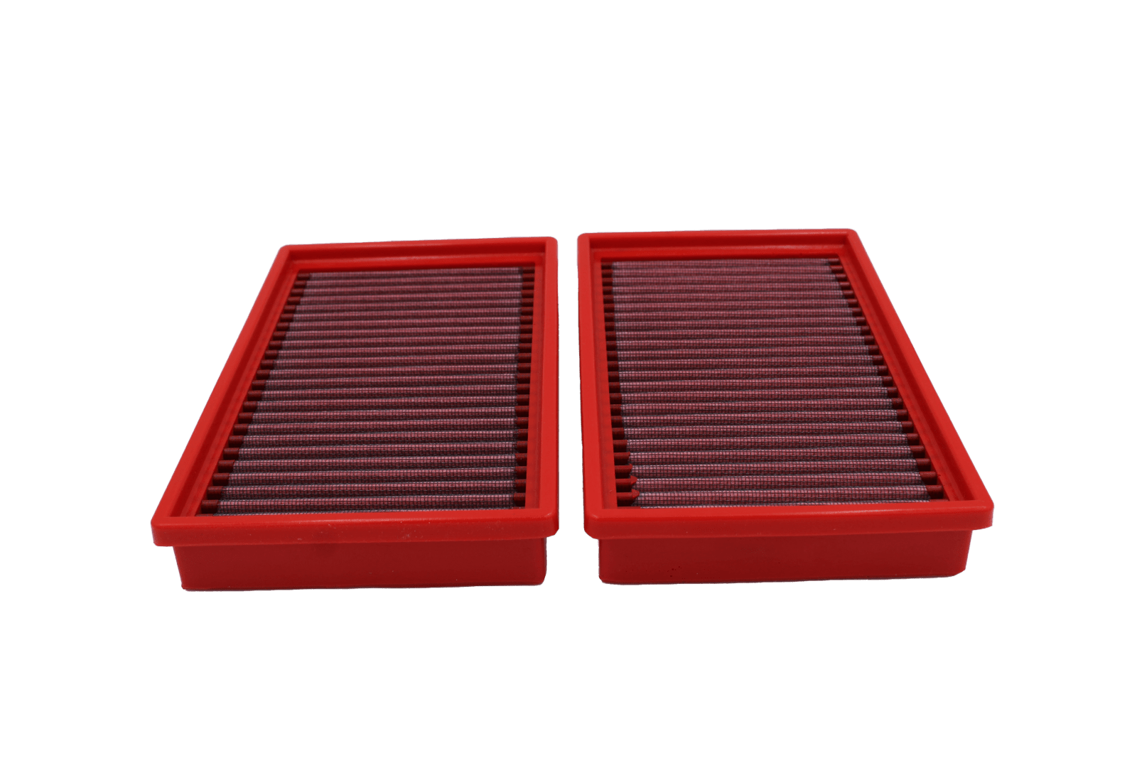 BMC FB468/20 red cotton replacement panel air filter, two-filter low three-quarter view