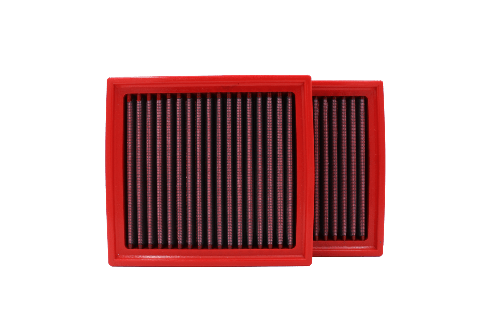 BMC FB483/20 red cotton replacement panel air filter, two-filter overlapping face view