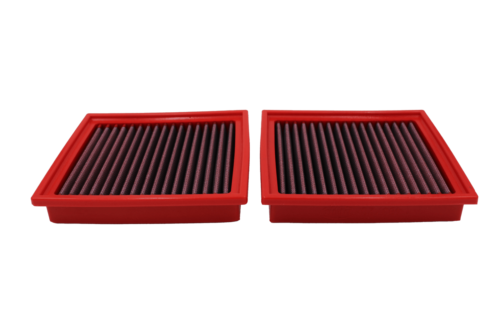 BMC FB483/20 red cotton replacement panel air filter, two-filter low three-quarter view