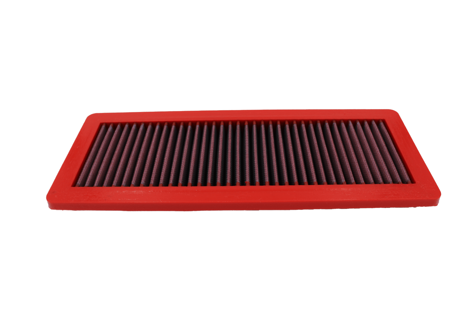 BMC FB484/08 red cotton replacement panel air filter, low front three-quarter view